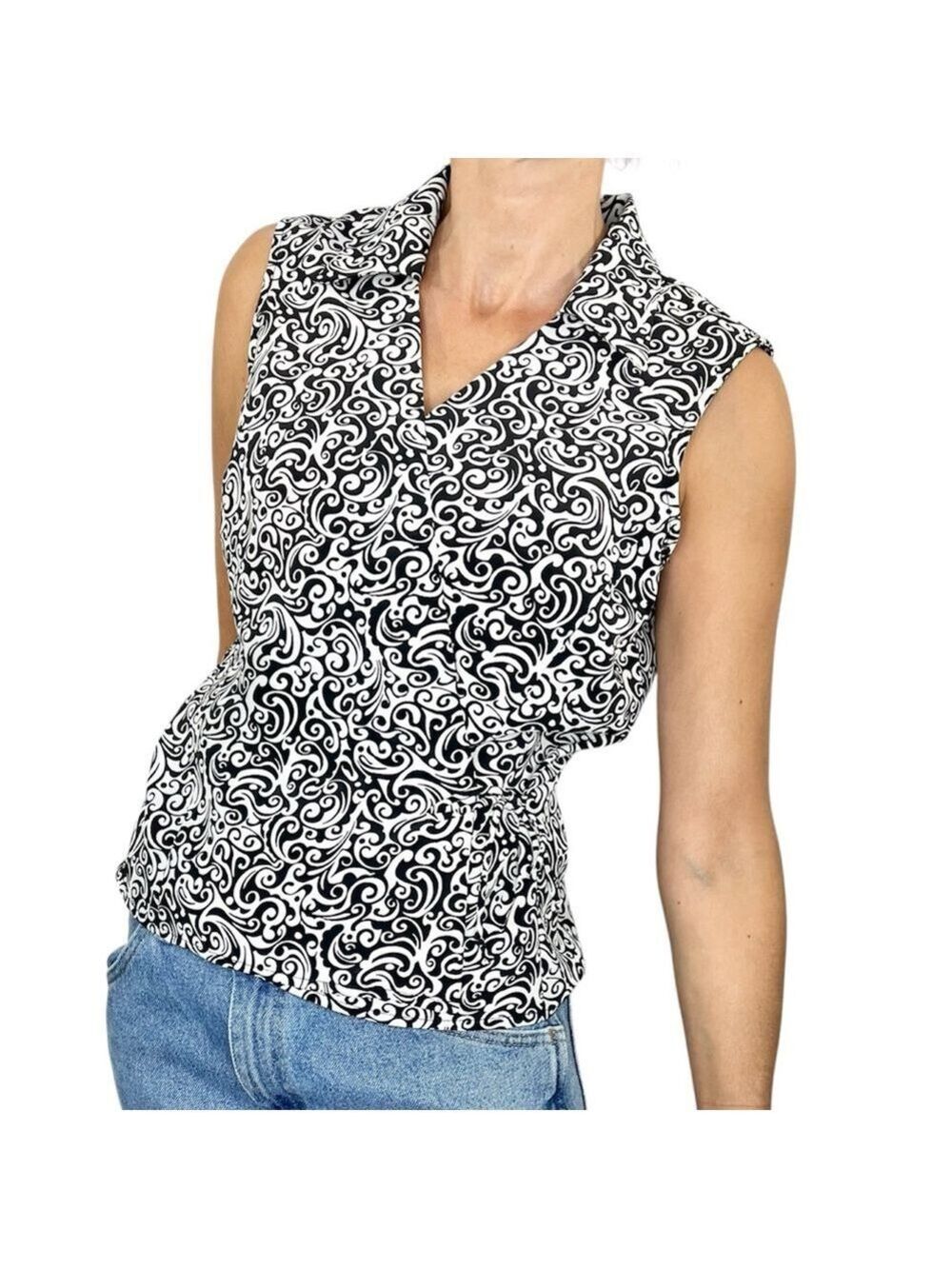 Vintage 90s Y2K Canadian made black white damask print sleeveless wrap top M